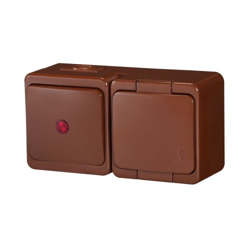 Single splash-proof socket with flap in product color s/m 2p+Z 16A, 250V SCHUKO IP44 + Single-pole switch s/m 10A, 250V IP44, iluminated (GWN-17S/S)