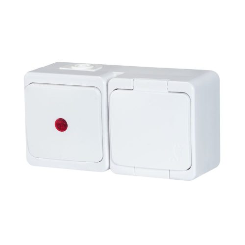 Single splash-proof socket with flap in product color s/m 2p+Z 16A, 250V SCHUKO IP44 + Single-pole switch s/m 10A, 250V IP44, iluminated (GWN-17S/S)
