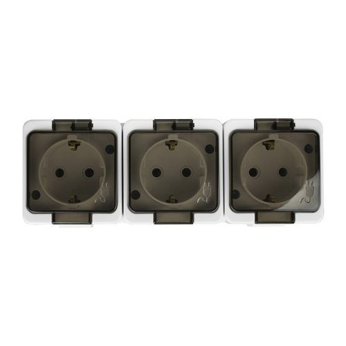 Triple splash-proof socket with smoked flap s/m 3p+Z 16A, 250V, SCHUKO IP44 (NT-317SL)