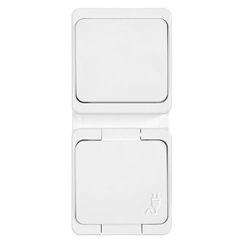 Single splash-proof socket with flap in product color s/m 2p+Z 16A, 250V IP44 + Single-pole switch s/m 10A, 250V IP44, vertical (GWN-S/P)