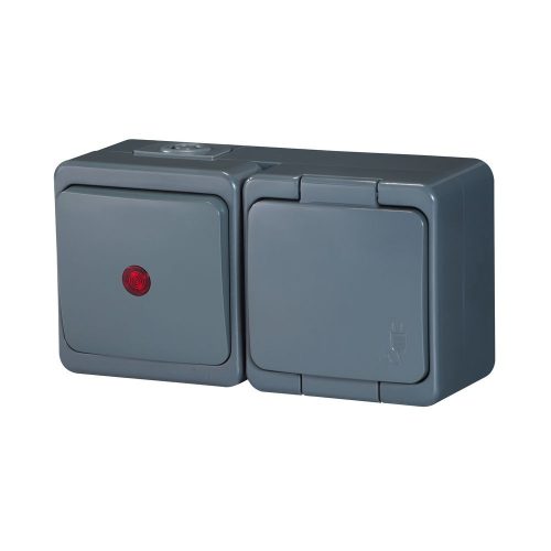 Single splash-proof socket with flap in product color s/m 2p+Z 16A, 250V SCHUKO IP44 + Single-pole switch s/m 10A, 250V IP44, iluminated (GWN-17S/S)