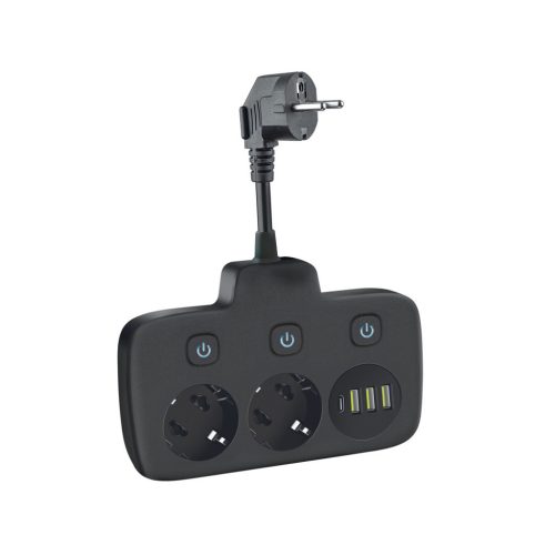 Extension cord KOBI LINEA PRO FL 2 sockets+3USB/1USB-C/0,2m black Kobi