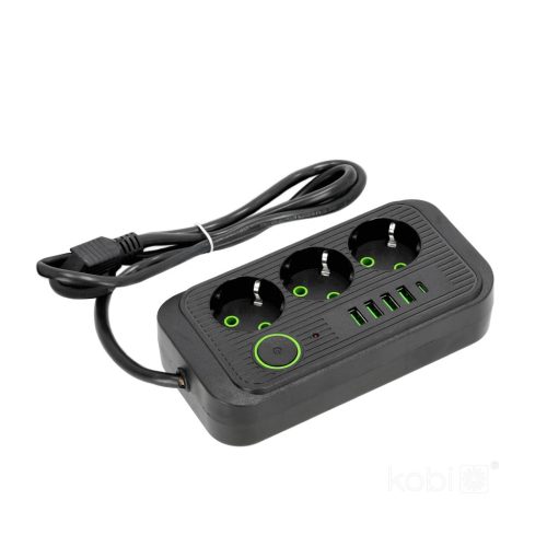 Extension cord KOBI LINEA PRO 3 sockets+4USB/1USB-C/1,5m/Zu+W black Kobi