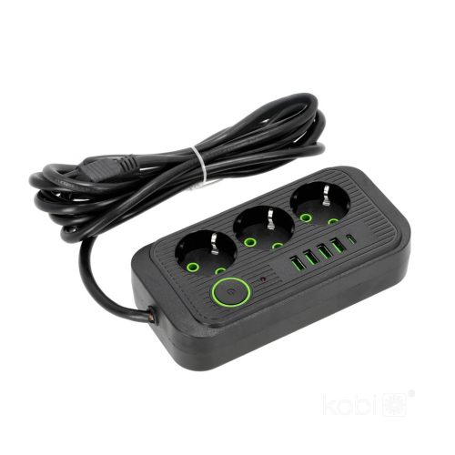 Extension cord KOBI LINEA PRO 3 sockets+4USB/1USB-C/3m/Zu+W black Kobi