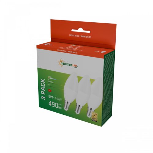 Led izzó (gyertya) C37 E-14 230V 6W WW SPECTRUM 3-PACK